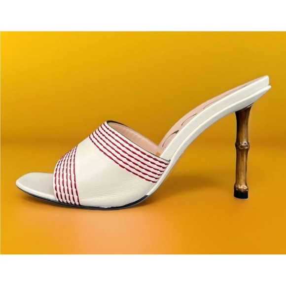 Gucci Bamboo Malaga Leather Open Toe Mules Heel Sandals Size EU 37.5 - Picture 1 of 11